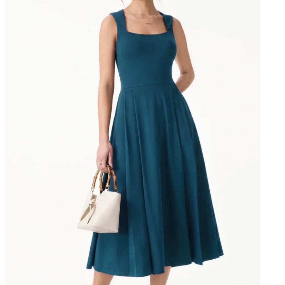 OGL Square Neck Midi Dress Dark Marine Blue Small S Flowy Pocket Brami